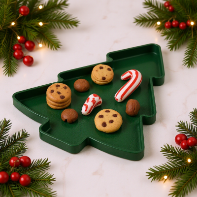 Tabuleiro verde em forma de árvore de Natal com cookies e doces decorativos com pinheiro e bagas vermelhas ao redor