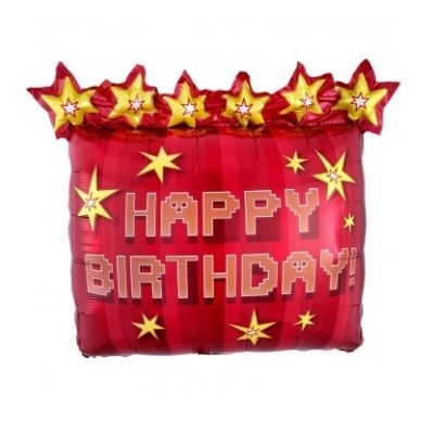Balão vermelho HAPPY BIRTHDAY com estrelas amarelas e vermelhas