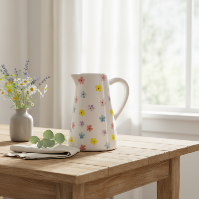 Jarro de cerâmica com flores coloridas numa mesa de madeira clara ao lado de um vaso com flores naturais