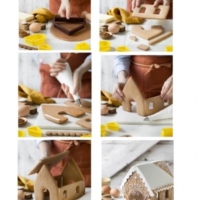 Passos para montar e decorar casa de gengibre com biscoitos e glacê branco