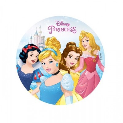Imagem redonda com princesas Disney e texto Disney PRINCESS