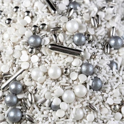 Mistura de confeitos decorativos em branco, prateado e cinzento