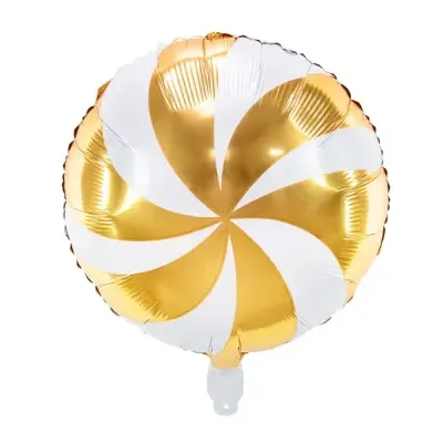 Balão metálico redondo dourado e branco com padrão espiral