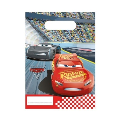 Saco plástico com imagem dos carros do filme Cars em pista de corrida