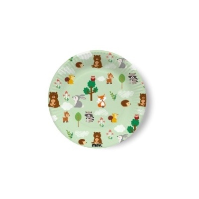 Prato redondo de cerâmica com padrão infantil de animais da floresta