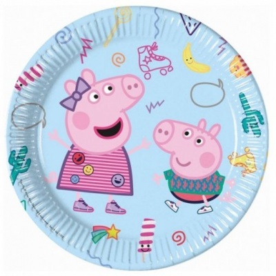 Prato de papel azul com personagens Peppa Pig e George Pig e desenhos coloridos.