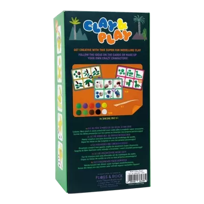 Embalagem de kit de modelagem Clay & Play com ilustrações coloridas e texto em várias línguas