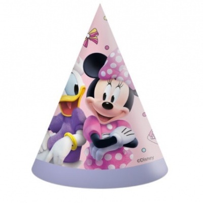 Cone de festa rosa com imagens da Minnie e Margarida