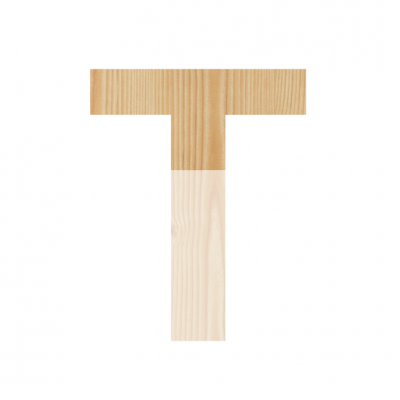 Letra T em madeira clara com textura visível