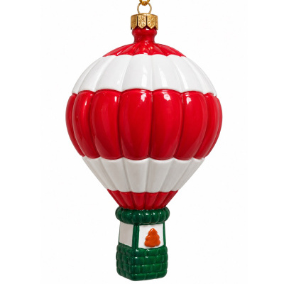 Enfeite de balão de ar quente vermelho e branco com cesto verde