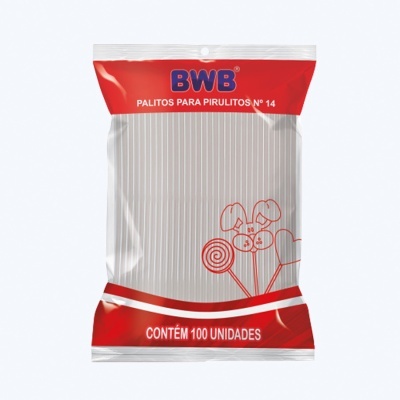 Embalagem de palitos para pirulitos BWB com 100 unidades em plástico branco e embalagem vermelha e transparente