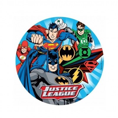 Imagem redonda dos super-heróis da Justice League com fundo azul e texto Justice League