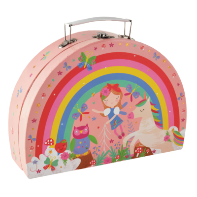 Mala infantil cor-de-rosa com arco-íris, menina, coruja e unicórnio coloridos