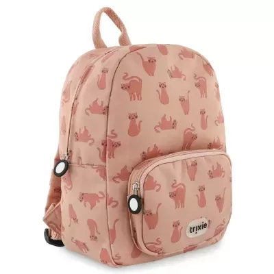 Mochila cor-de-rosa com padrão de gatos e bolso frontal com etiqueta trixie