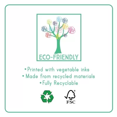 Logotipo ECO-FRIENDLY com árvore colorida e texto sobre materiais recicláveis e ecológicos.