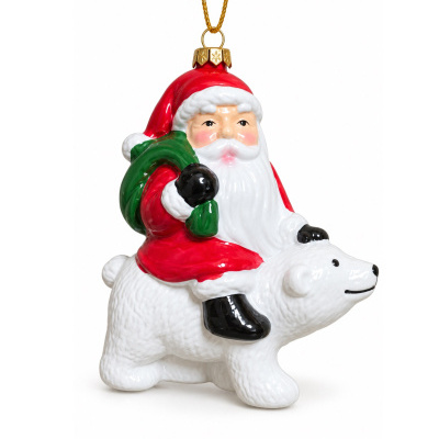 enfeite natalício Pai Natal em cerâmica montado em urso polar branco