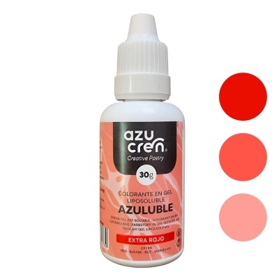 Frasco branco com rótulo cor de pêssego e preto de colorante em gel lipossolúvel da marca azucren