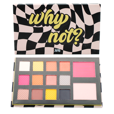 Paleta de maquilhagem com várias cores e embalagem preta e branca com texto amarelo