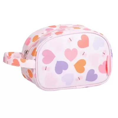 Necessaire rosa claro com corações coloridos e alça lateral