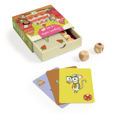 Jogo de cartas e dados de madeira coloridos com tema de bolos e ratos, embalagem em caixa ilustrada