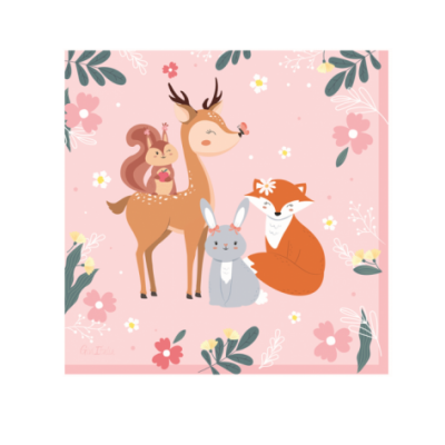 tecido rosa com desenhos de veado, esquilo, coelho, raposa e floresta