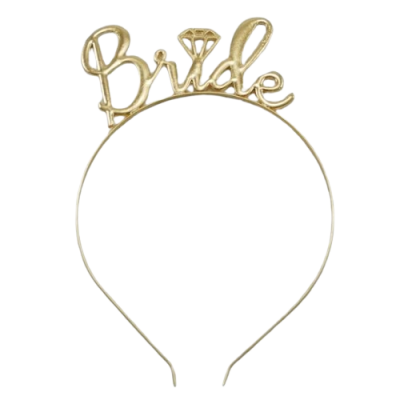 Tiara metálica dourada com palavra Bride e desenho de diamante