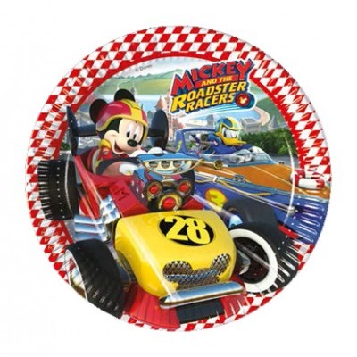 Prato de papel com desenho de carros de corrida do Mickey e Donald