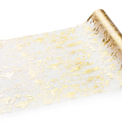 Rolo de tecido decorativo translúcido branco com padrão dourado.