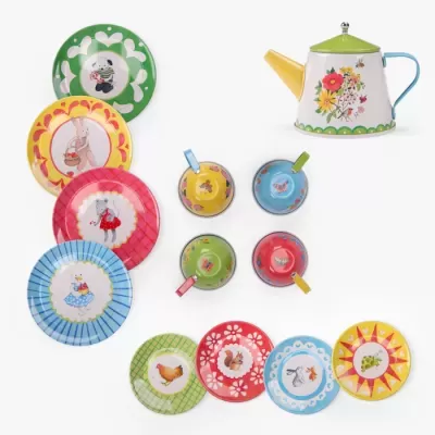 Conjunto colorido de pratos e chávenas em metal com desenhos de animais e um bule decorado com flores