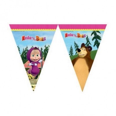 Pendurais de papel com personagens Masha and The Bear em fundo azul e rosa