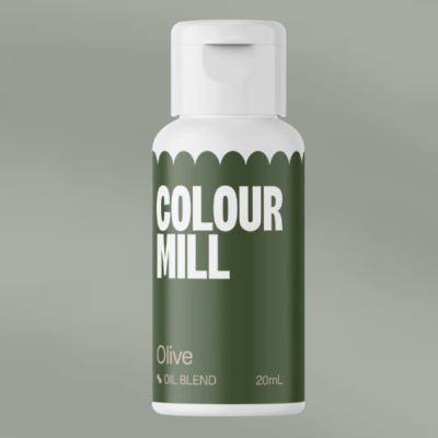 Frasco pequeno verde oliva com tampa branca e texto COLOUR MILL Olive OIL BLEND 20mL