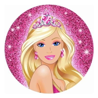 Ilustração de mulher loira com tiara e fundo rosa glitter