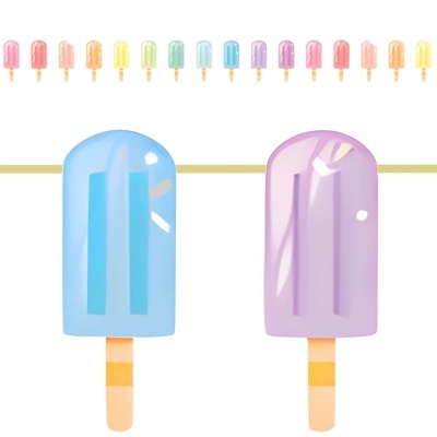 Dois gelados em pau azul celeste e lilás com paus de madeira, em fundo branco com uma linha dourada e miniaturas de gelados coloridos