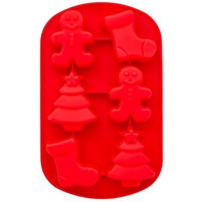 Forma de silicone vermelha com cavidades de árvore de Natal, boneco de gengibre e meia de Natal