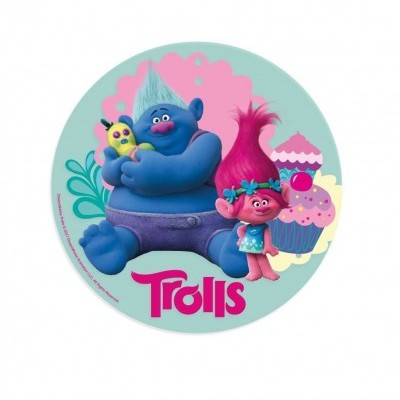 Imagem circular de personagens Trolls em fundo azul claro com cupcake e texto 'Trolls'