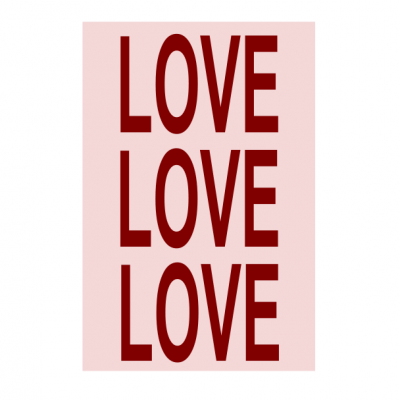 Cartaz com texto 'LOVE LOVE LOVE' em vermelho sobre fundo rosa claro