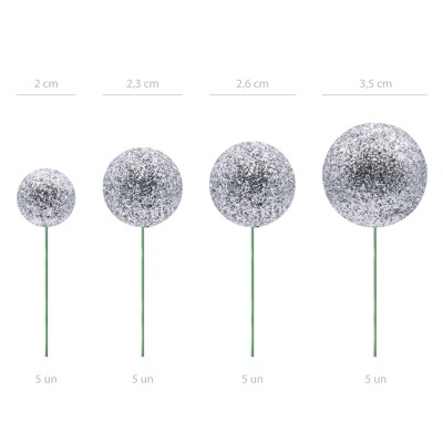 Bolas decorativas prateadas com glitter em hastes verdes