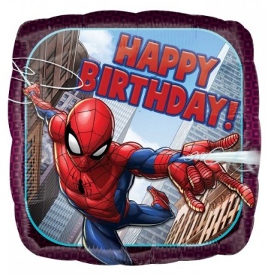 Balão quadrado roxo com Homem-Aranha e texto HAPPY BIRTHDAY