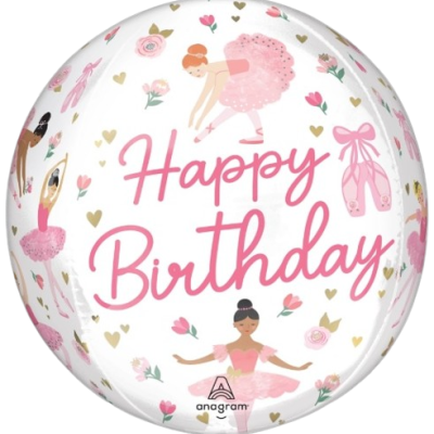 Balão redondo branco com bailarinas rosas e texto Happy Birthday