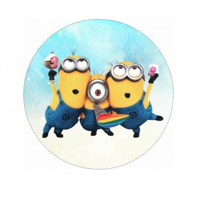 Três Minions amarelos com macacão azul em fundo azul e branco