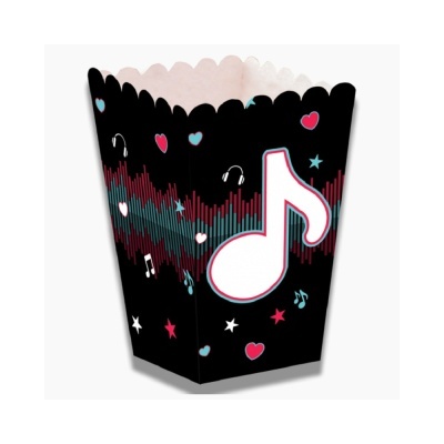 Caixa preta para pipocas com notas musicais e corações