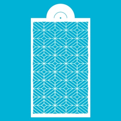 Padrão geométrico branco sobre fundo azul com semi-círculo branco no topo