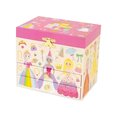 Caixa de joias infantil colorida com desenhos de princesas e acessórios