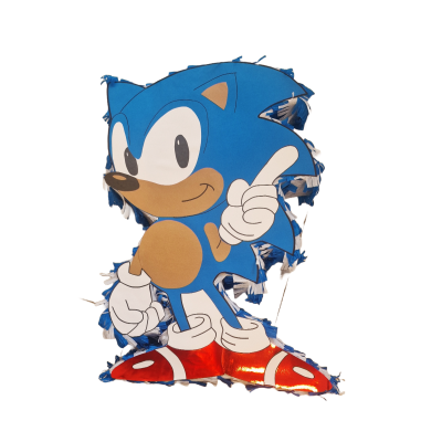 Balão metálico do personagem Sonic, azul com detalhes em vermelho, branco e bege