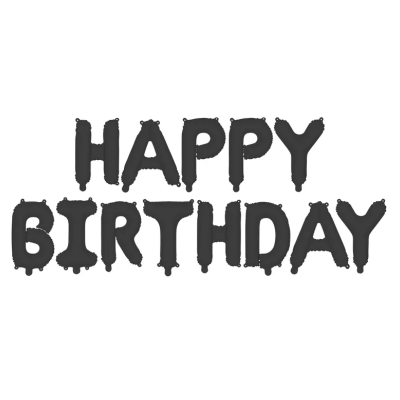Balões pretos formando a frase HAPPY BIRTHDAY