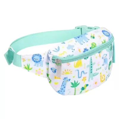Bolsa de cintura infantil com padrão de animais coloridos e cinto azul claro