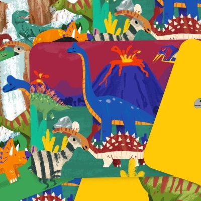 Ilustração colorida de dinossauros com vulcão em erupção ao fundo