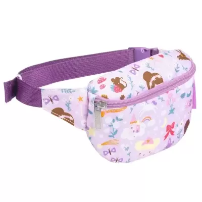 Bolsa cintura lilás com padrão infantil colorido e fecho de correr