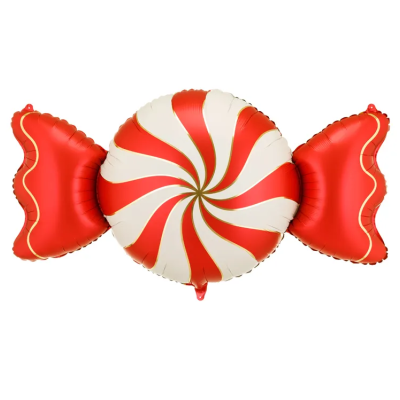 Balão em forma de doce vermelho e branco com padrão espiral.