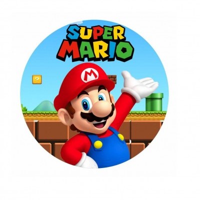 Ilustração circular do personagem Super Mario num cenário de videojogo